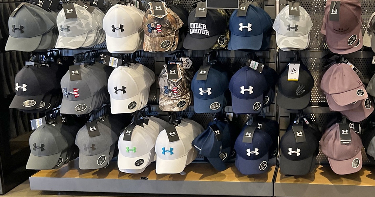 display of under armour hats in store