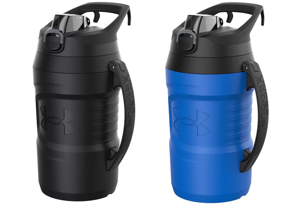 blue and black under armour water jugs