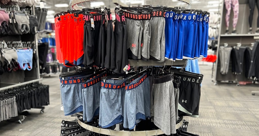 under armour shorts on display rack in store
