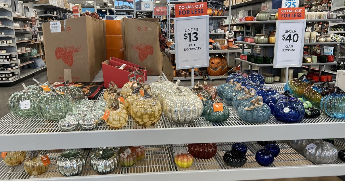 glass pumpkins on display in store