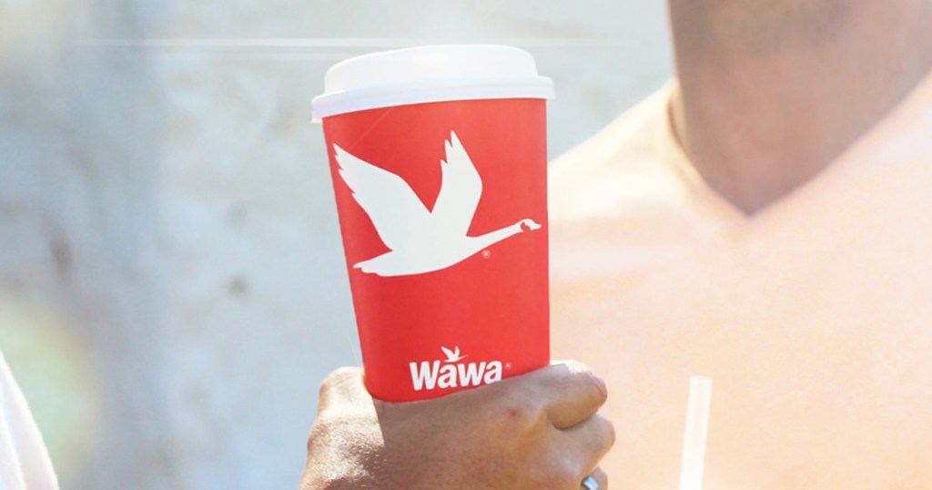 person holding cup of wawa coffee