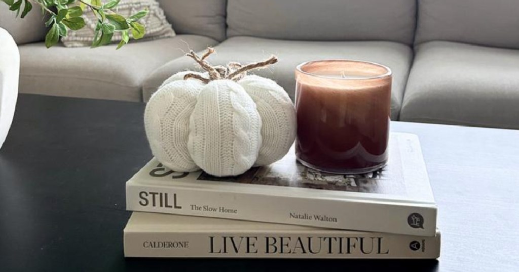 white knit pumpkin on coffee table