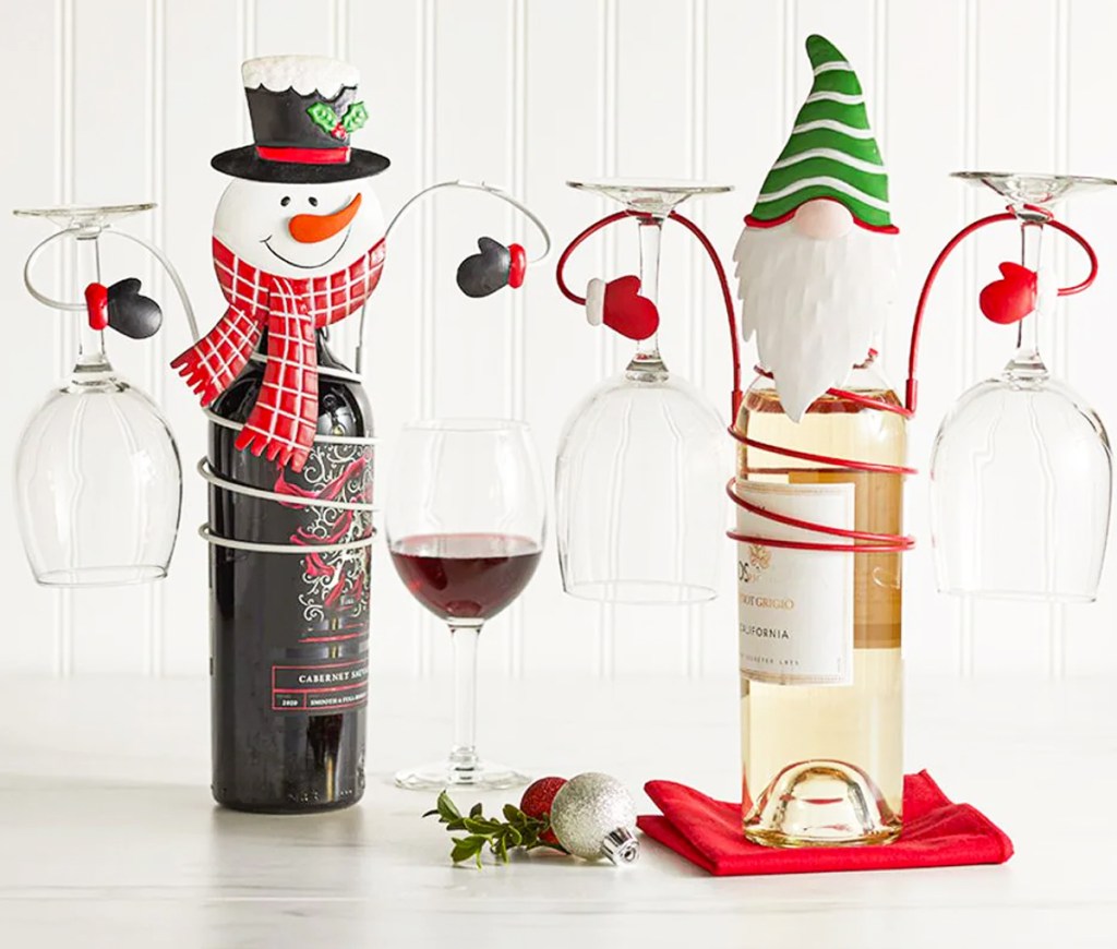 snowman and gnome wine bottle and glass holders