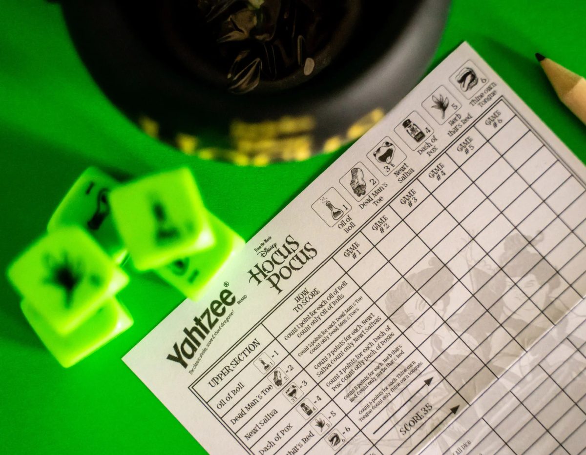 Yahtzee Disney Hocus Pocus Dice Game scoreboard sheet and dice