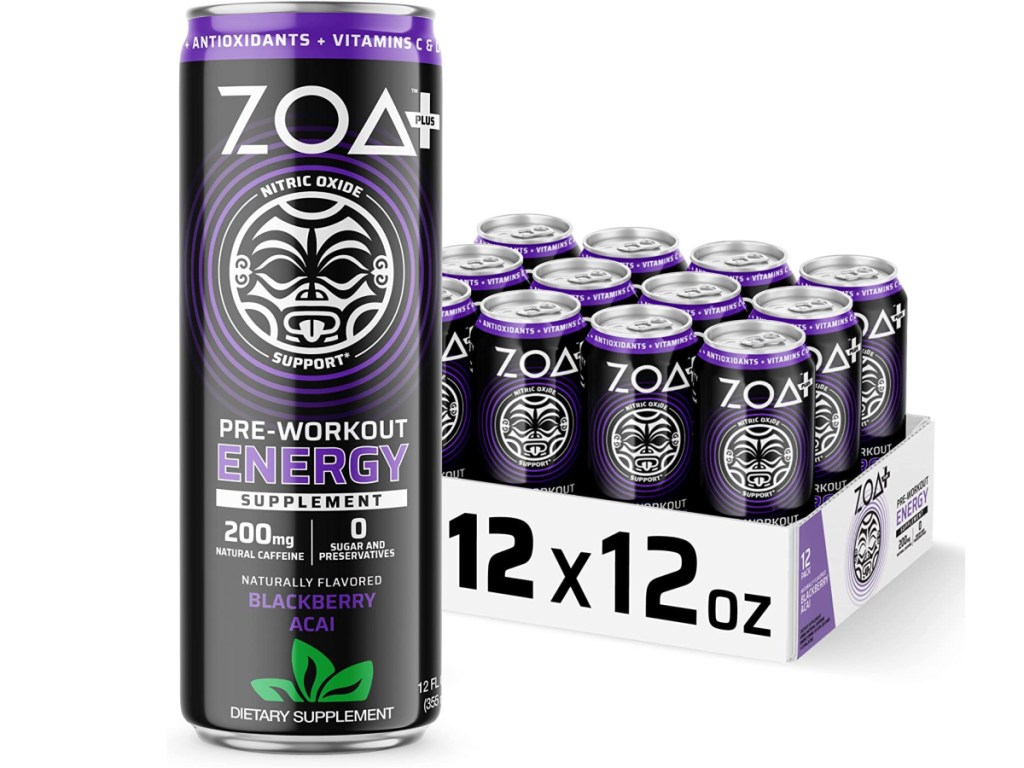 ZOA Plus Sugar-Free Pre-Workout Energy Drink Supplement in Blackberry Acai  