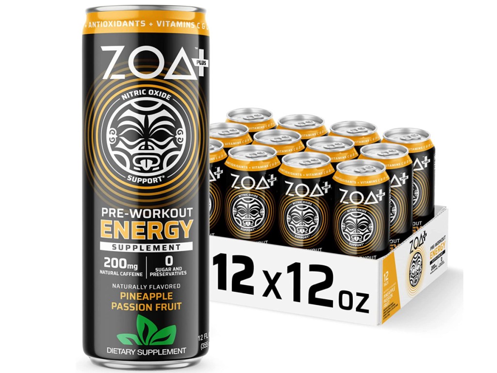 ZOA Plus Sugar-Free Pre-Workout Energy Drink Supplement in Pineapple Passion Fruit