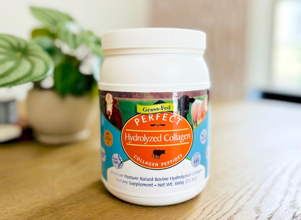 canister of amazon perfect hydrolyzed collagen on table