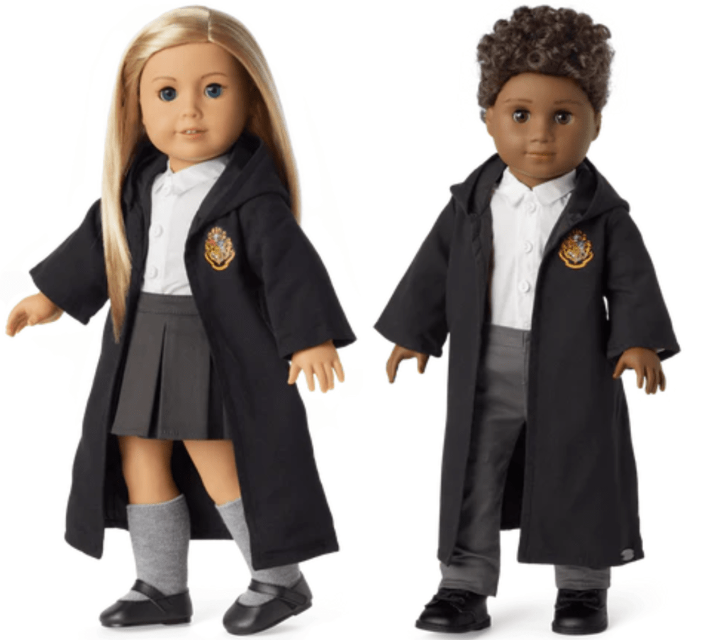 American Girl dolls wearing Hogwarts uniforms