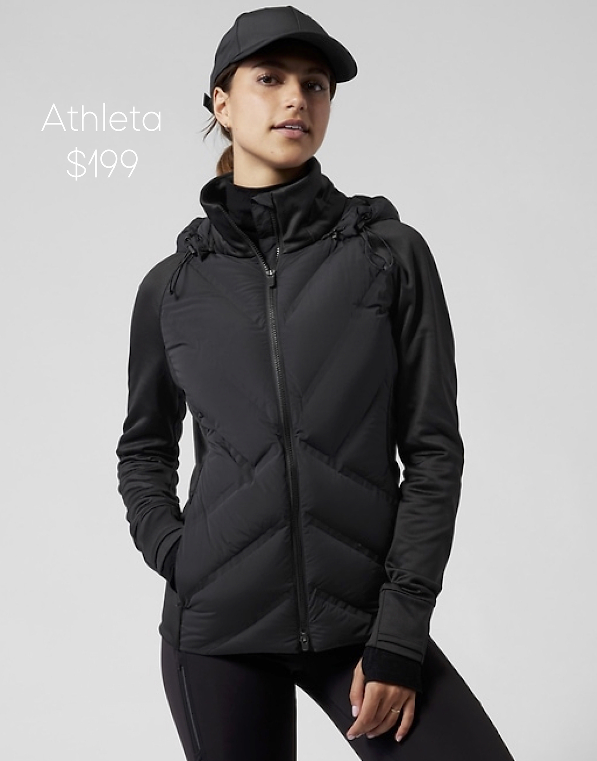 stock photo of woman wearing black quilted jacket from athleta