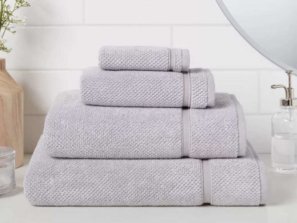 stack of gray bath towels