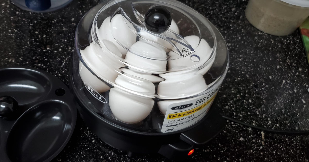 bella egg cooker filled with eggs