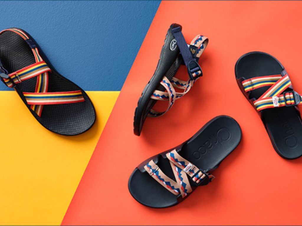 patterned chacos sandals on multicolored surface
