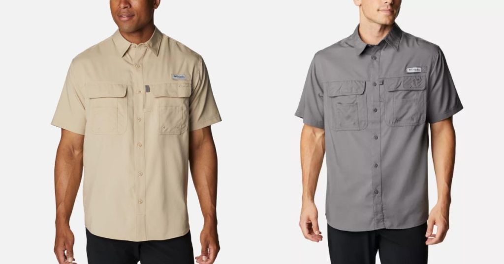 man wearing tan button up short sleeve top and man wearing gray button up short sleeve top