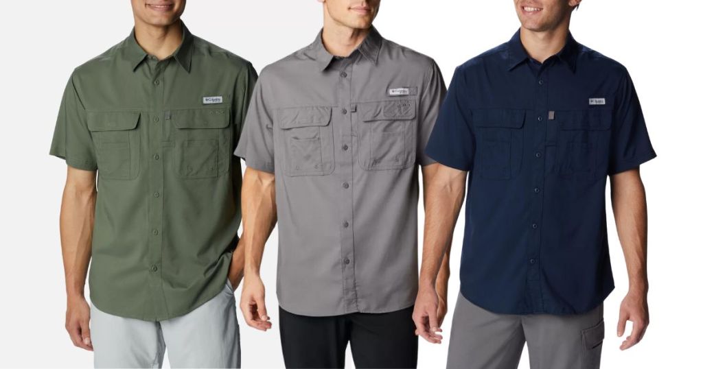 man wearing green button up, gray button up and blue button up short sleeve tops