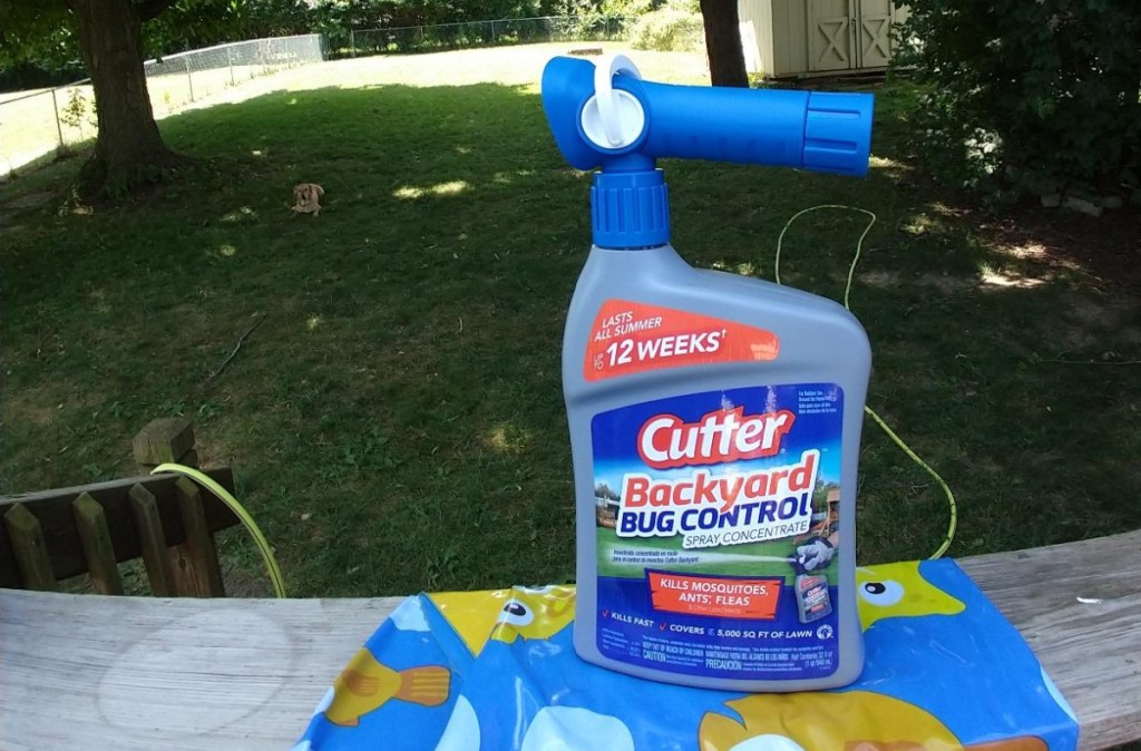 bottle of cutter backyard bug control sitting on a beach towel