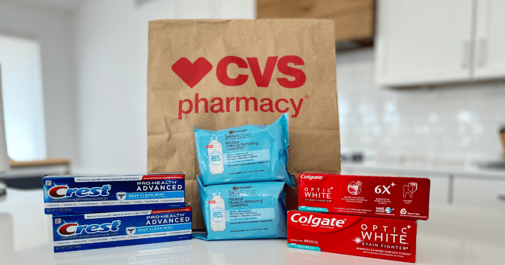 CVS shopping bag and toothpaste and makeup remover wipes surrounding it