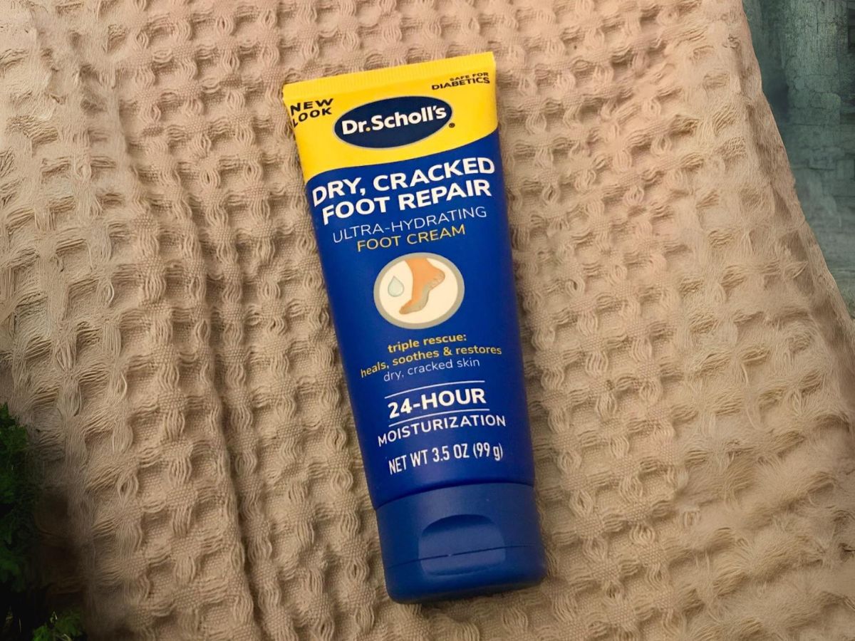 tube of dr scholls dry cracked foot repair on towel