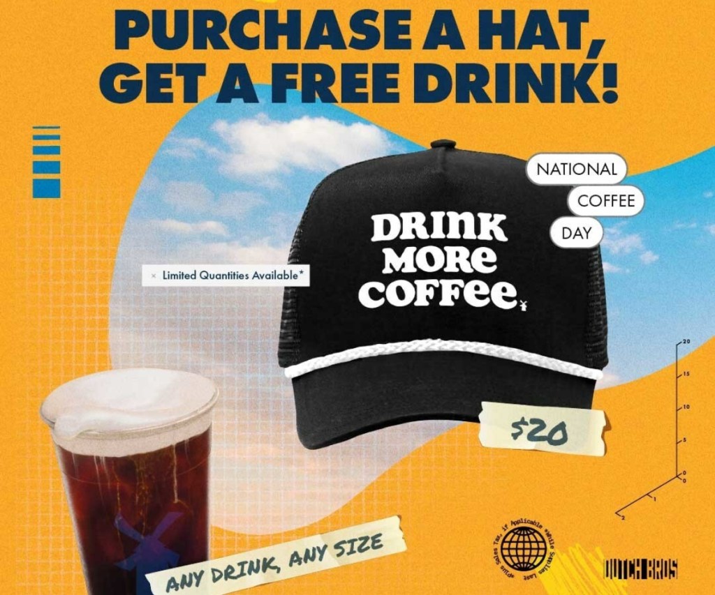 graphic with black hat and coffee in to-go cup
