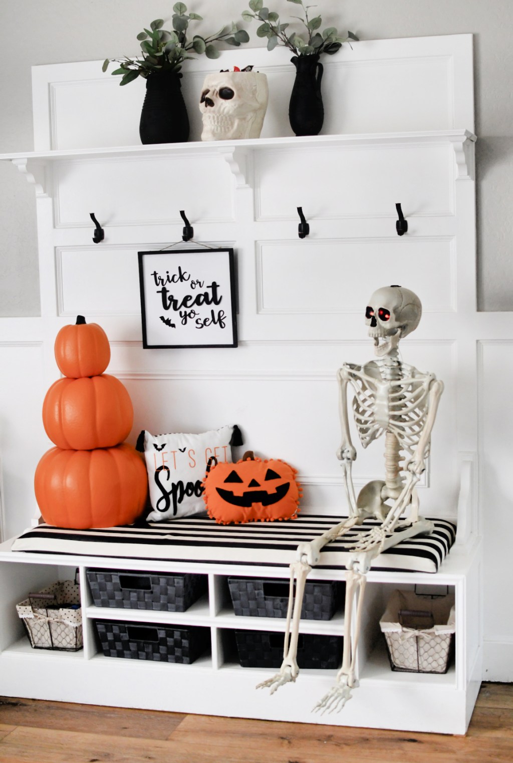 entryway with skeleton and halloween decor from Walmart