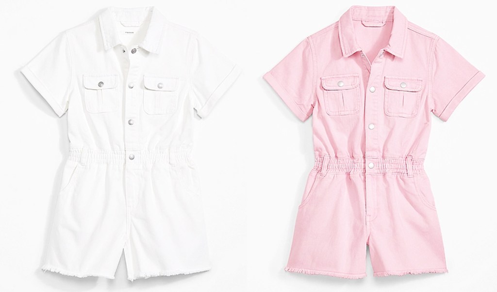 white and pink denim rompers