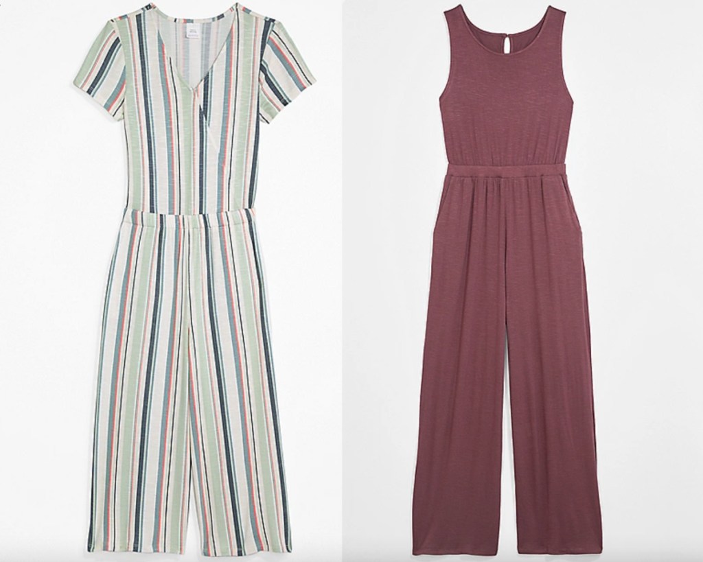 striped and maroon jumpsuits