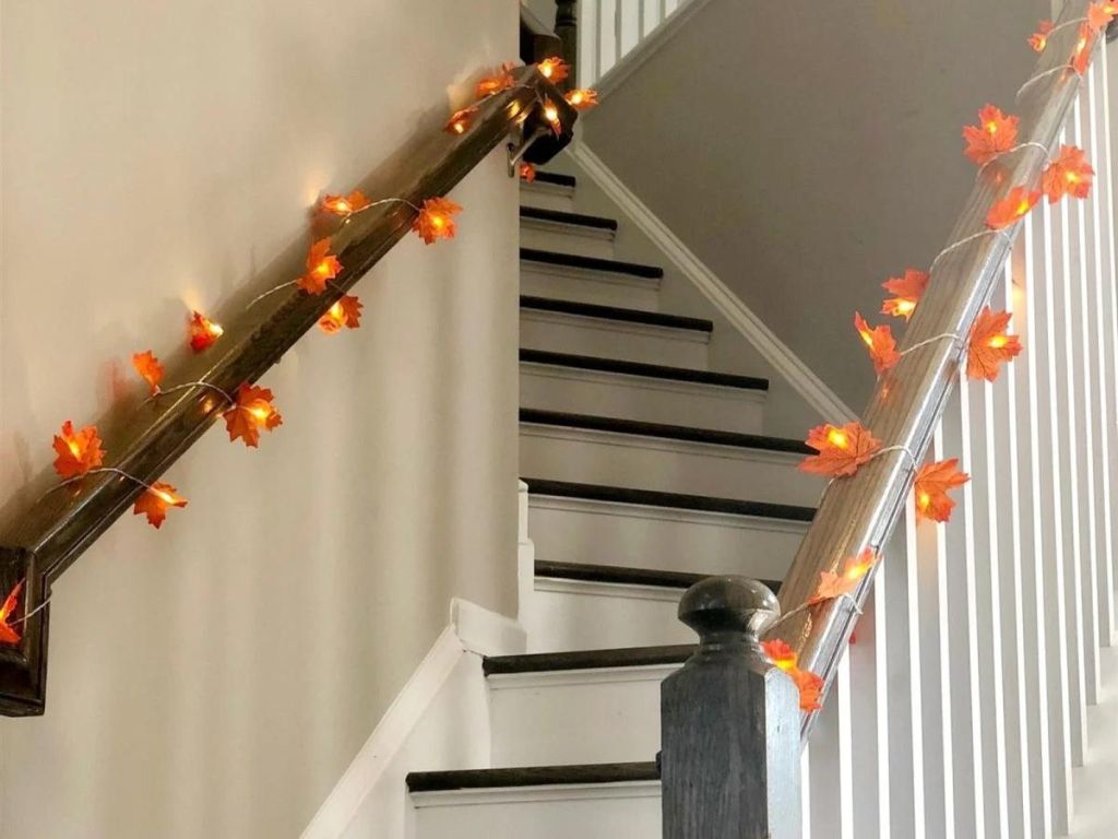 fall string lights down the stairs