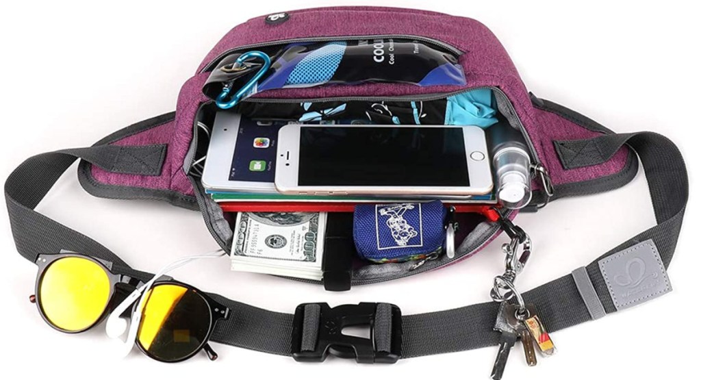 opened fanny pack showing contents