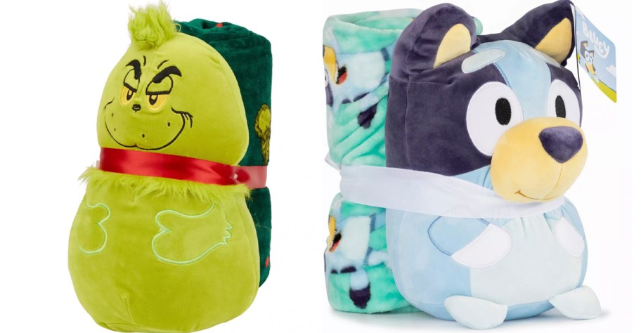 grinch and bluey pillow and blanket sets 