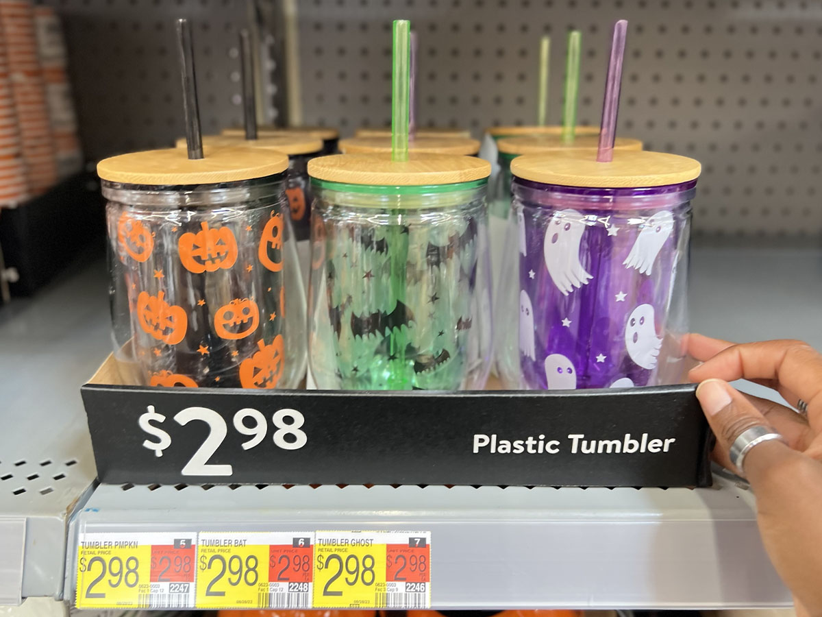 Halloween, Bats, and Ghost plastic tumblers on store shelf
