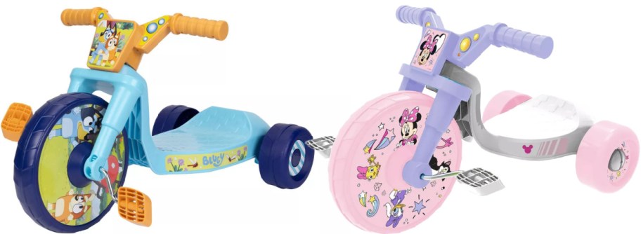 A Minnie Mouse trike and a Bluey trike.