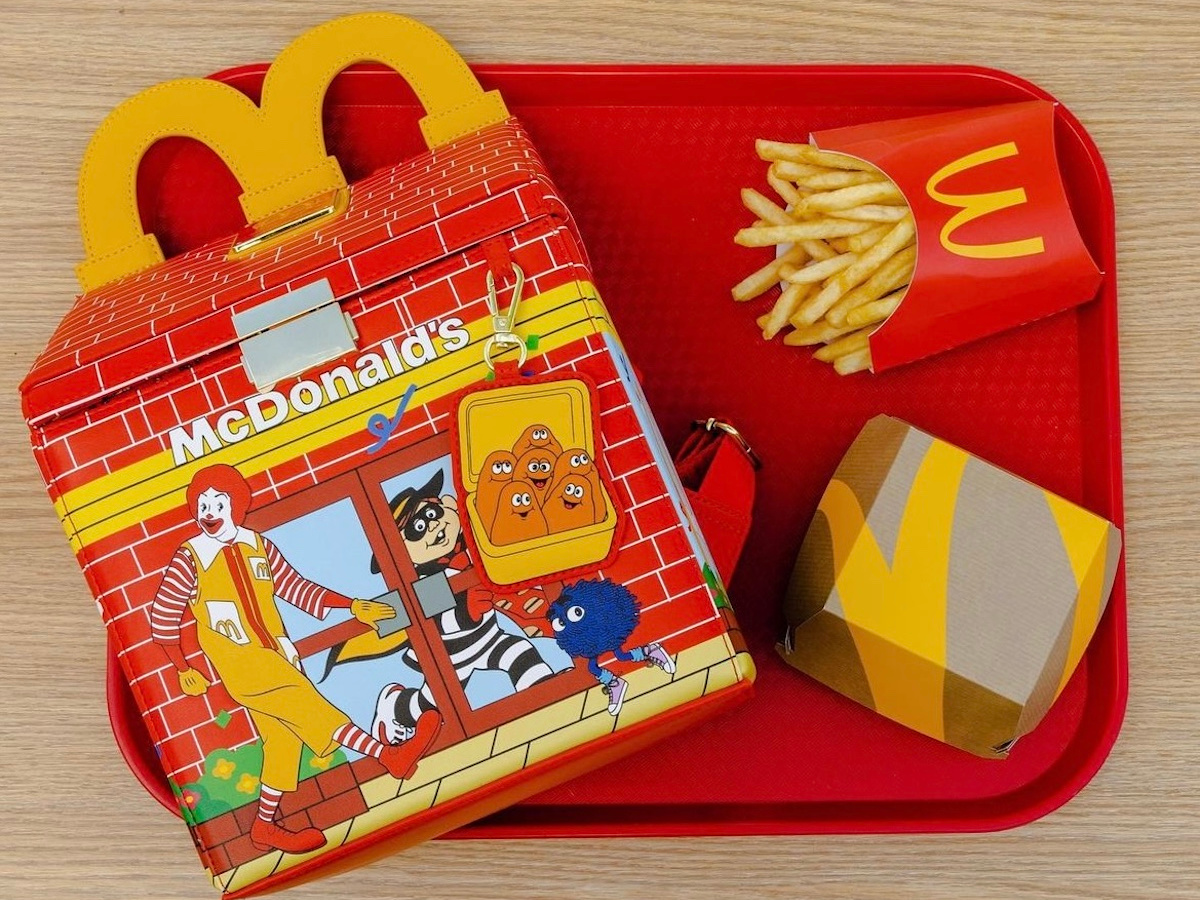 McDonald's Loungefly bag that looks like a Happy Meal on a tray with fries and a nuggets box