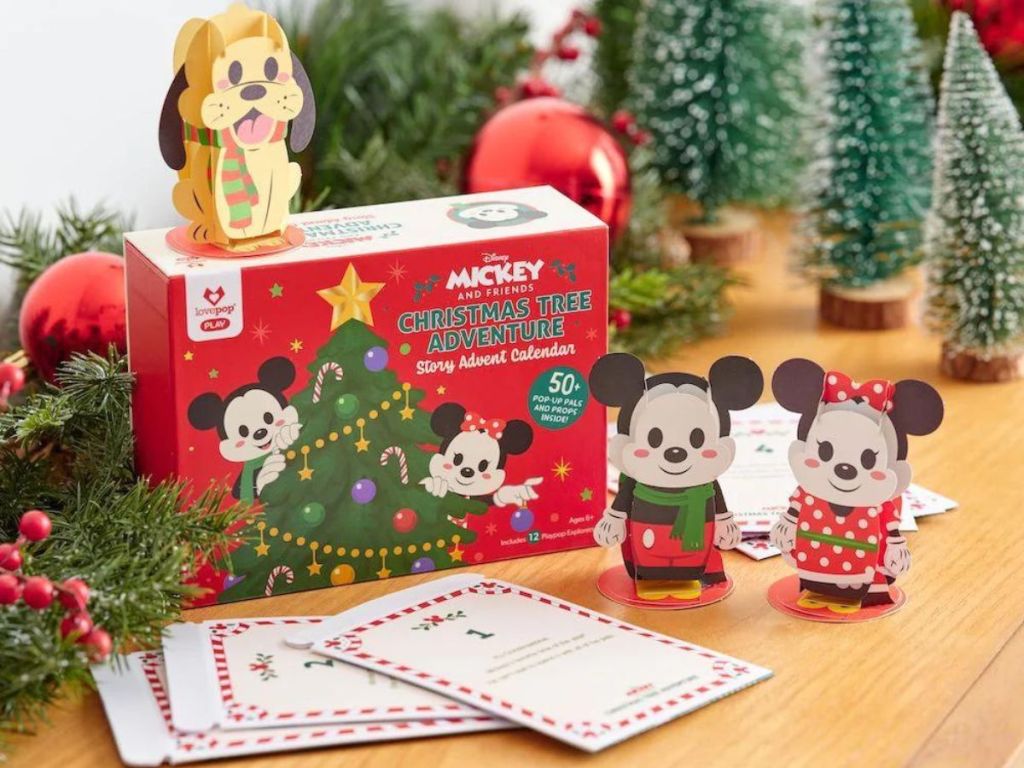 Mickey Advent Calendar and accessories on wood table