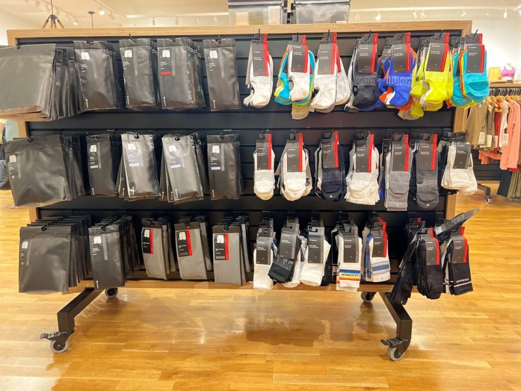 Display of socks and underwear at a lululemon store