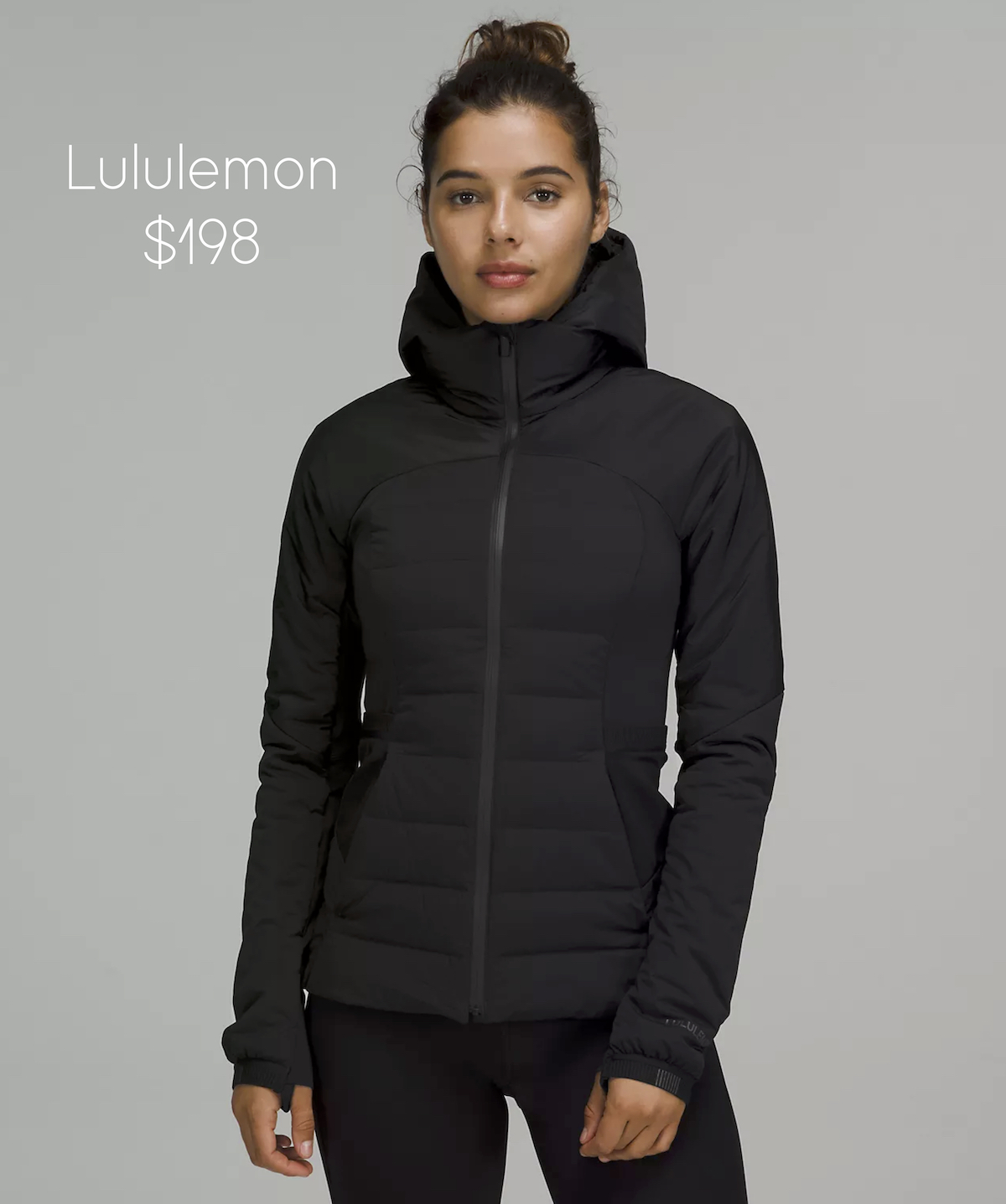 stock photo of woman wearing black quilted jacket from lululemon