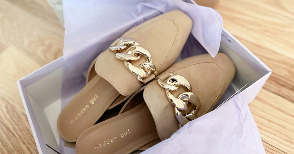 women's tan flats with gold chain embellishment