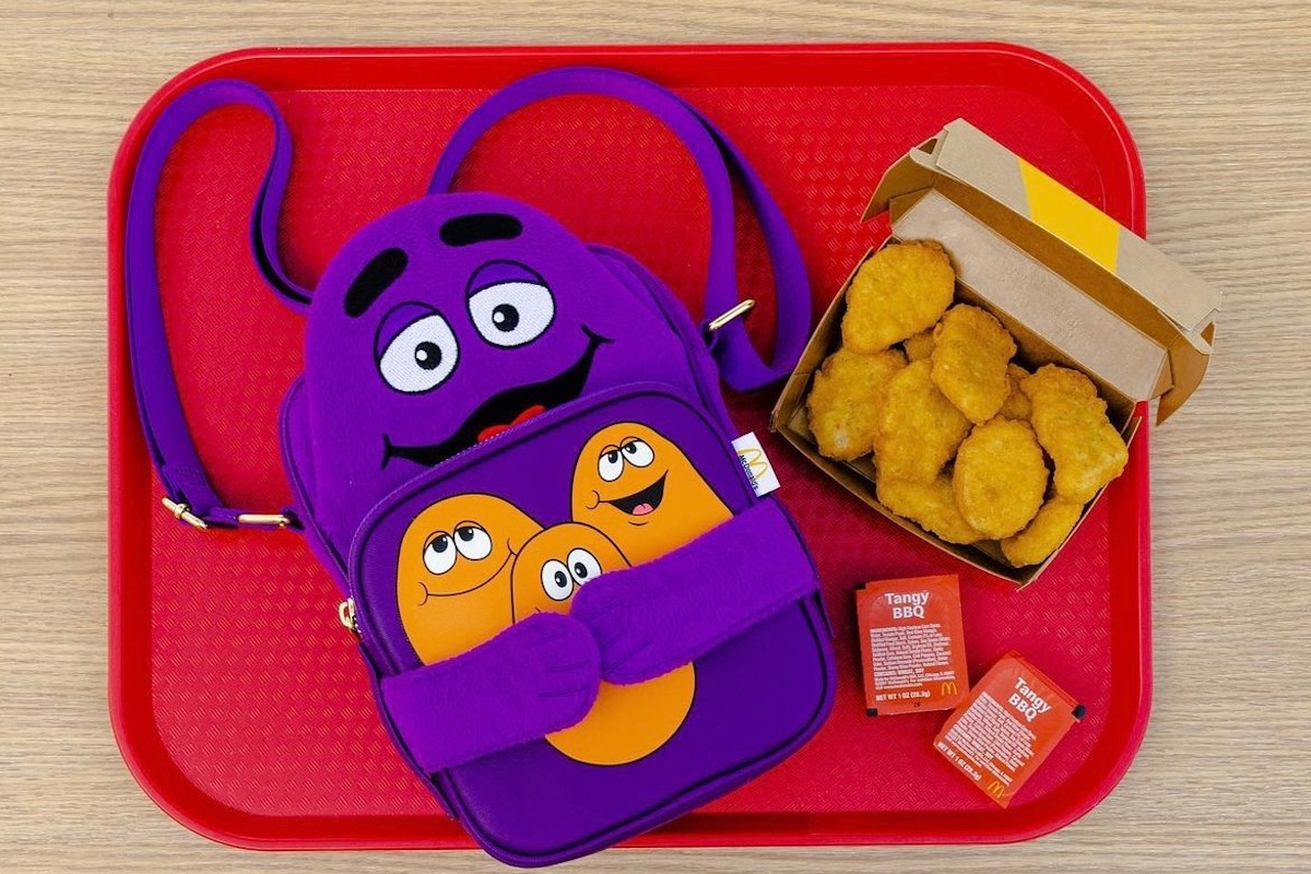 mcdonalds chicken nugget loungefly backpack on a tray with mcnuggets