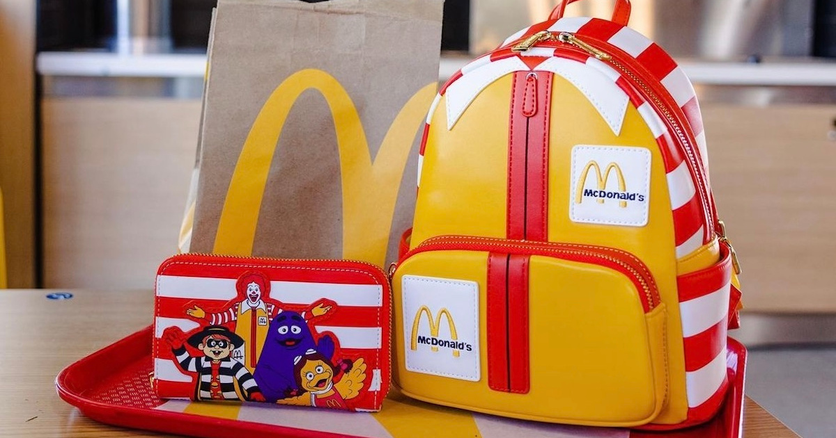 mcdonalds loungefly collection with a backpack and wallet sitting on a McDonald's tray