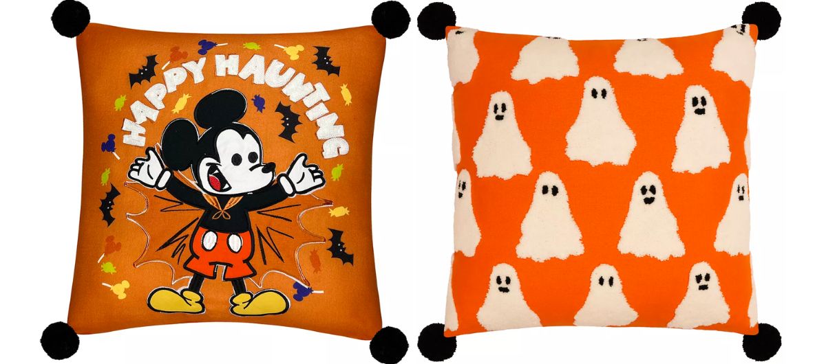mickey mouse happy haunting pillow and orange and white ghost pillow