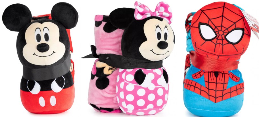 mickey, minnie and spiderman pillow and blanket sets 