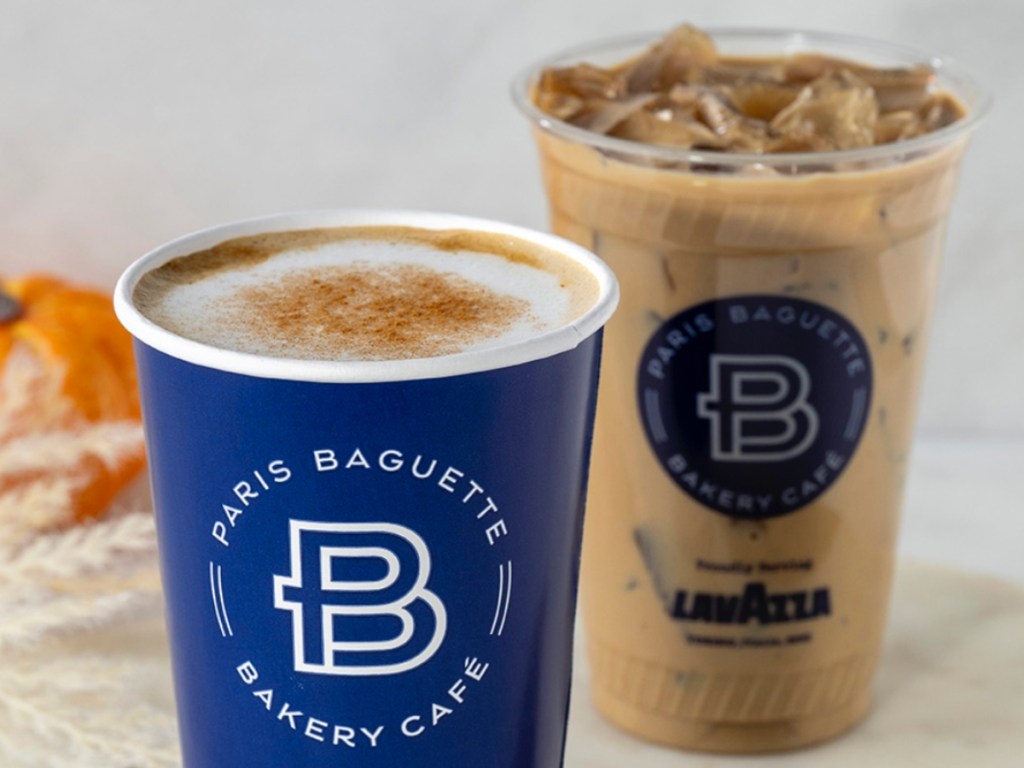 hot coffee and iced coffee in cups from Paris Baguette