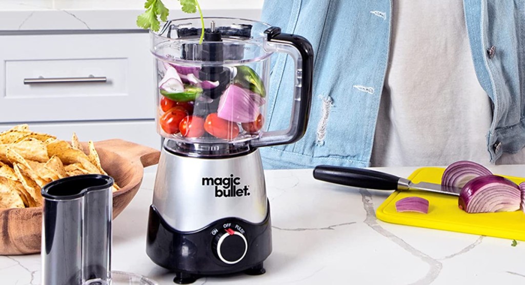 person using Magic Bullet Kitchen Express Blender and Food Processor to make salsa