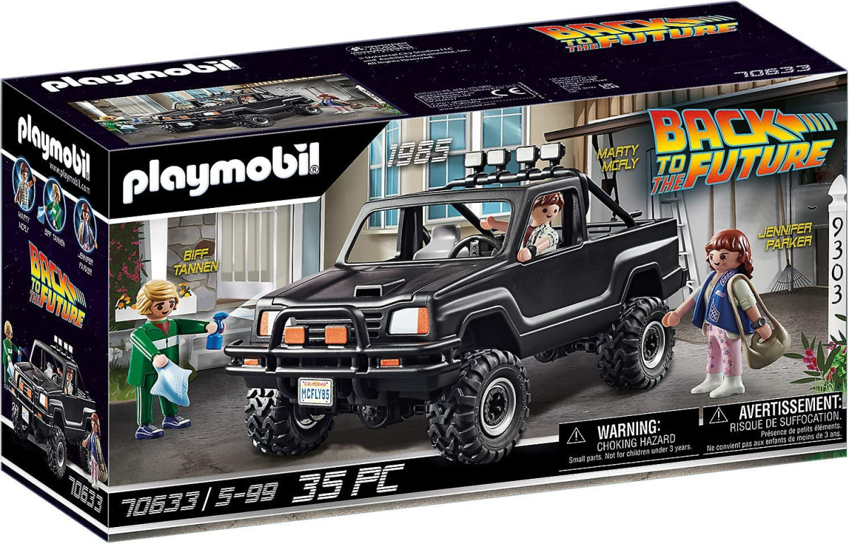 stock image of a playmobil back to the future martys pickup truck set box