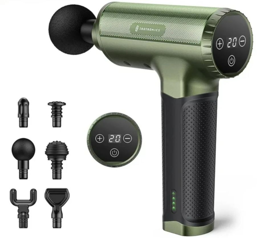 a green massage gun shown with 6 attachments on white background