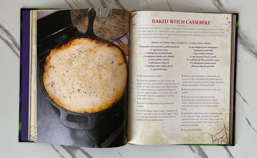 open copy of unofficial hocus pocus cookbook displaying a recipe