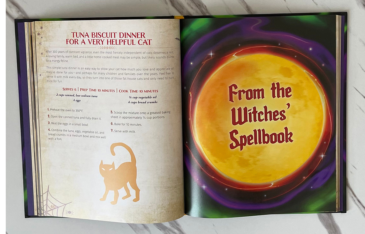 open copy of the unofficial hocus pocus cookbook displaying a pet recipe