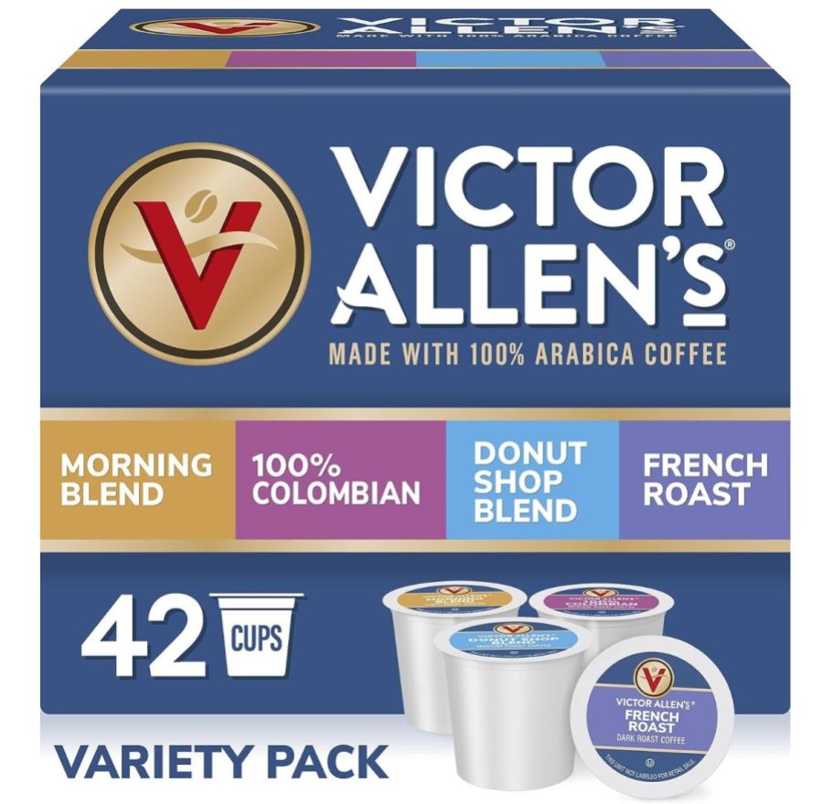 42 count variety box of victor allen k cups on a white background
