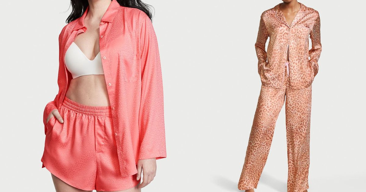 woman wearing pink pajama set and animal print pajama set