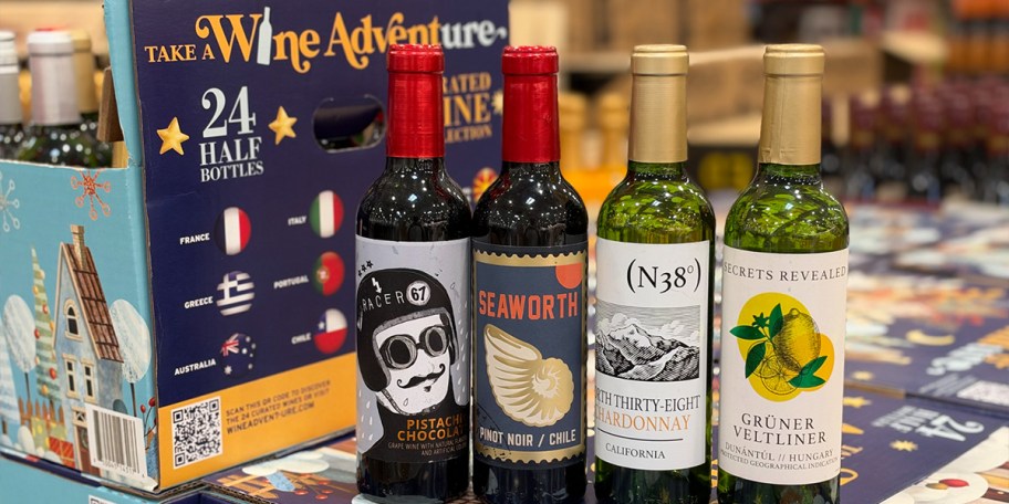 wine advent calendarw with bottles in front of it 