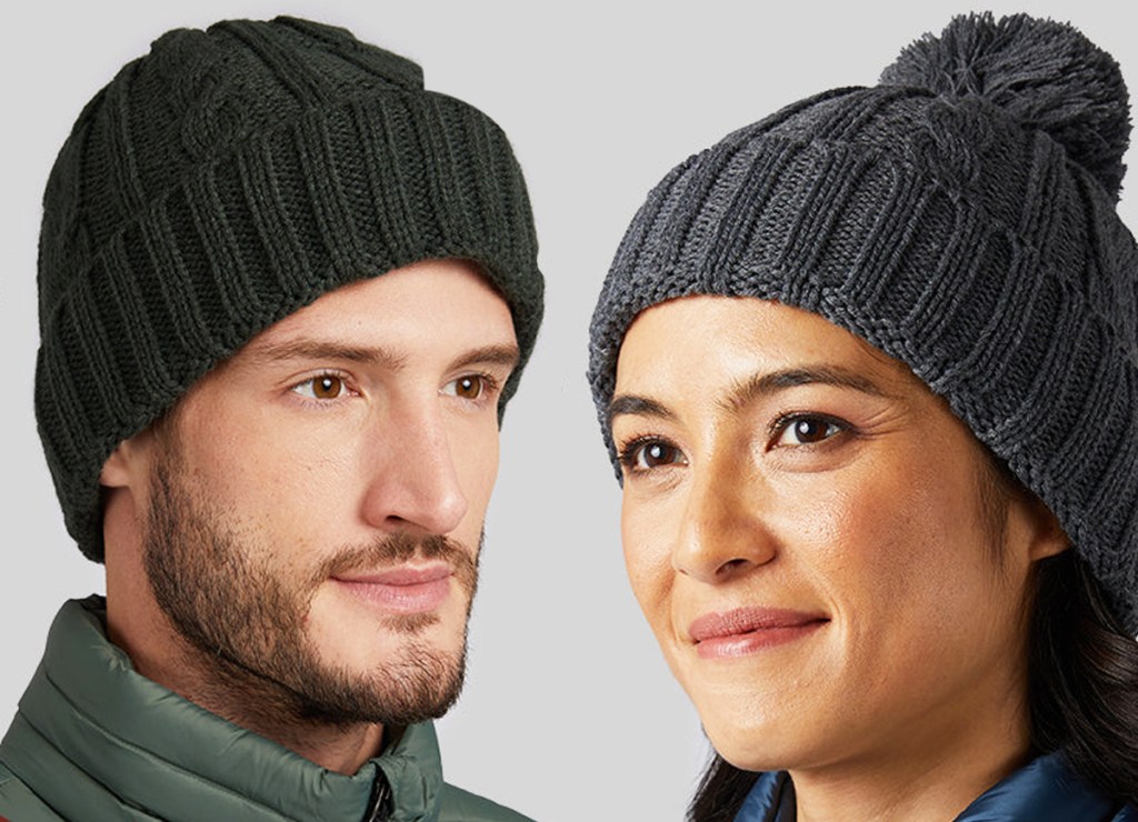 man and woman in cable knit beanies