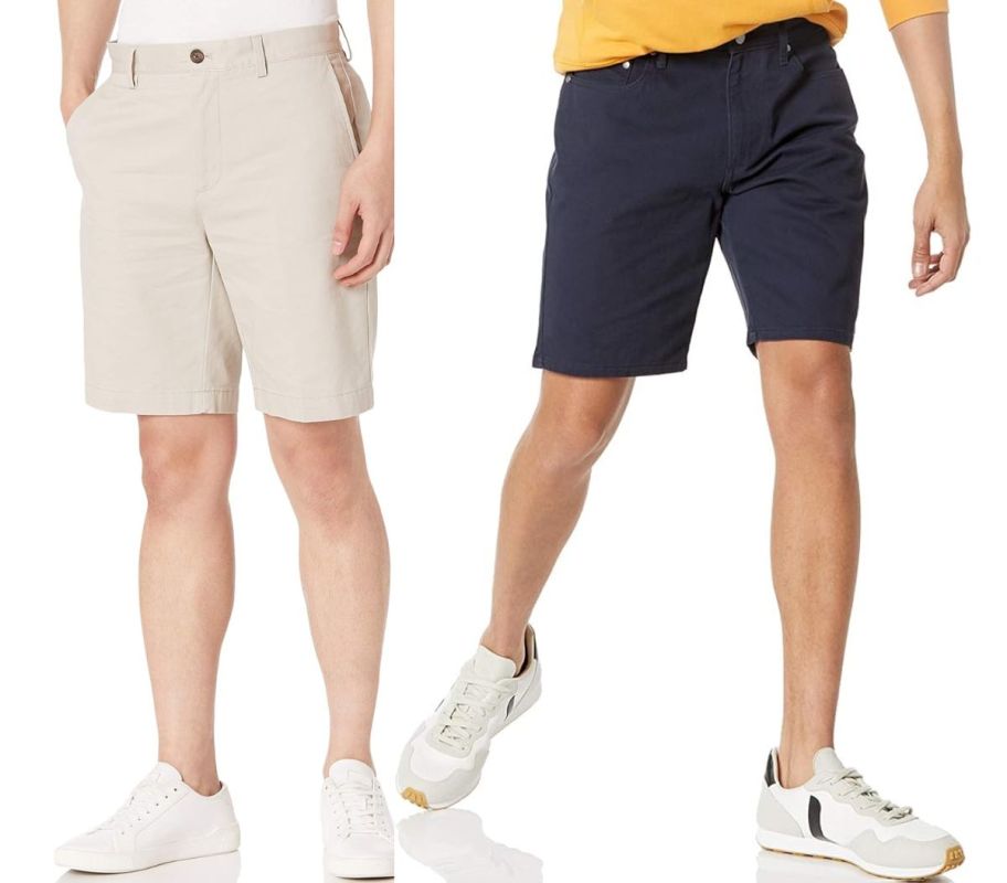 two male models wearing amazon essentials mens shorts in khaki and navy